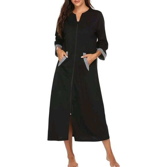 Ekouaer Other - Ekouaer Women XL Zipper Robe 3/4 Sleeve Loungewear Full Length Duster Black Gray